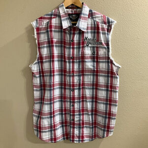Harley Davidson mens XL plaid sleeveless cut off sleeve button-up shirt